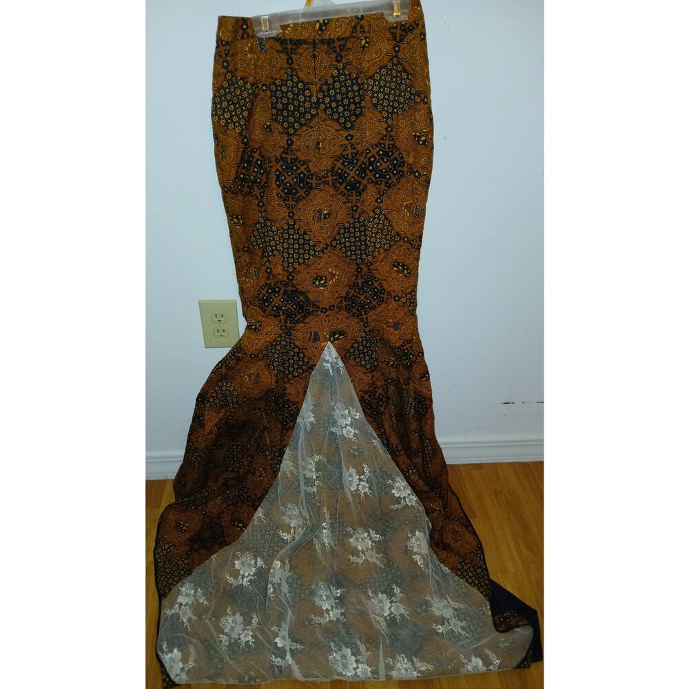 Andre Liane XS Batik Wax Print Mermaid Long Skirt Lace Panel Train 25" Waist